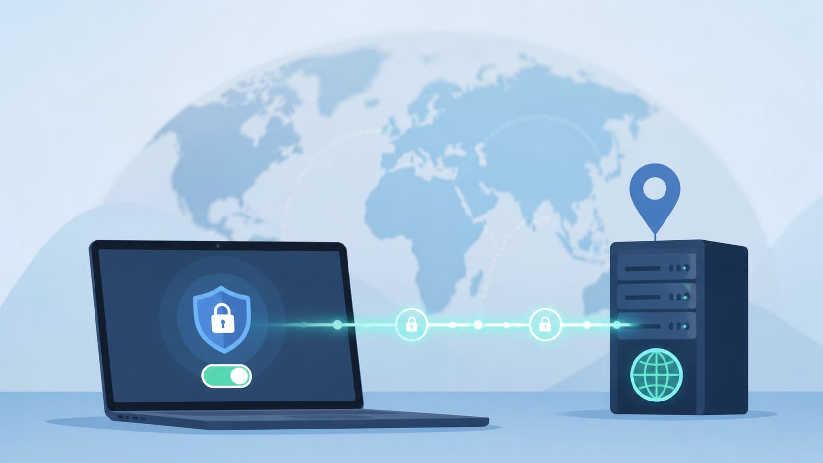 Схематичное изображение ноутбука с включённым VPN-клиентом: от устройства к удалённому серверу в другой стране протянута светящаяся линия, символизирующая зашифрованный канал. На заднем плане размытый земной шар, стиль — плоская инфографика.