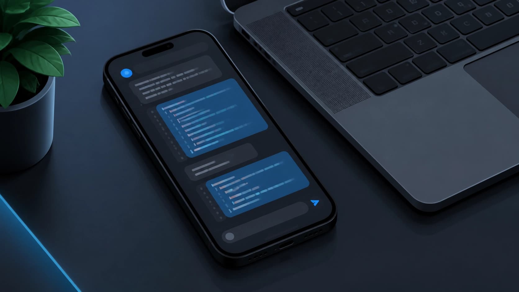 Смартфон лежит на столе рядом с ноутбуком, на экране телефона открыт чат с кодом, крупный план, стиль плоской иллюстрации, преобладают тёмные тона с синими акцентами.