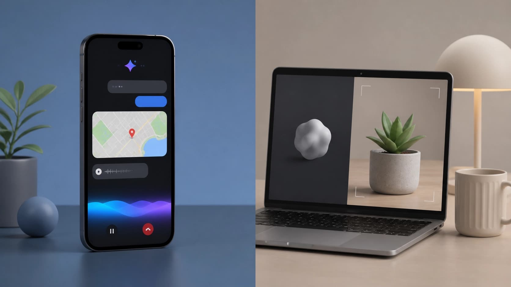 Сплит-сцена: слева смартфон с открытым интерфейсом Gemini Live, демонстрирующим диалог с картами Google, справа ноутбук с веб-версией GPT-4o, обрабатывающим изображение с веб-камеры. Стиль: минималистичная 3D-иллюстрация, мягкие тени, разделение экранов по центру.