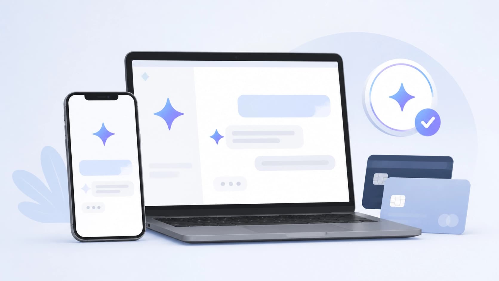 Схематичное изображение смартфона и ноутбука, на экранах которых открыт интерфейс чат-бота Gemini, рядом с ними расположены значки подписки и банковских карт.
