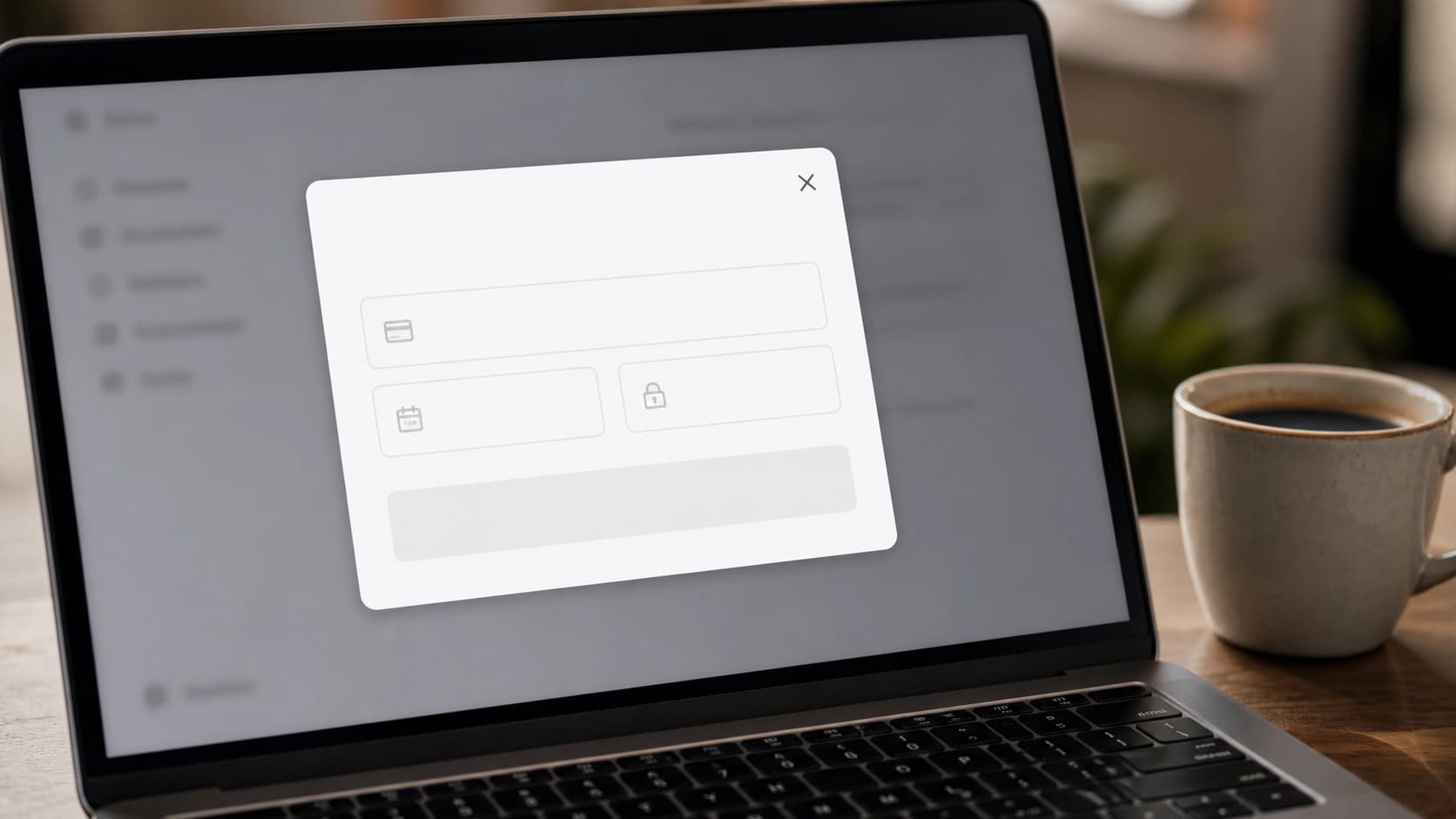 Крупным планом экран ноутбука с открытым окном "Payment Method" на сайте OpenAI, на заднем плане размытая клавиатура и чашка кофе. В окне видна форма для ввода номера карты, даты и CVV. Стиль — реалистичный скриншот.