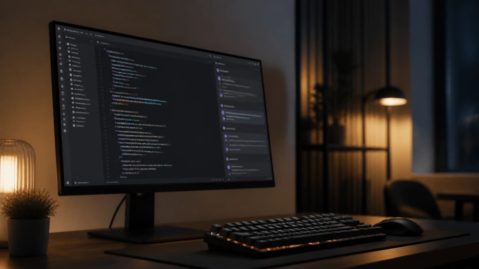 Фото монитора с открытым VS Code и панелью Continue, рядом лежит механическая клавиатура, кадр сделан сбоку, вечерний уютный свет