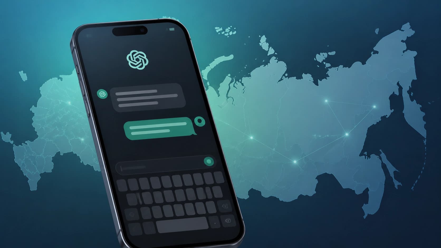 Смартфон с открытым чатом ChatGPT на фоне карты России: экран с диалогом и клавиатурой, виден логотип ChatGPT, мягкий сине-зеленый фон, стиль технологичной иллюстрации