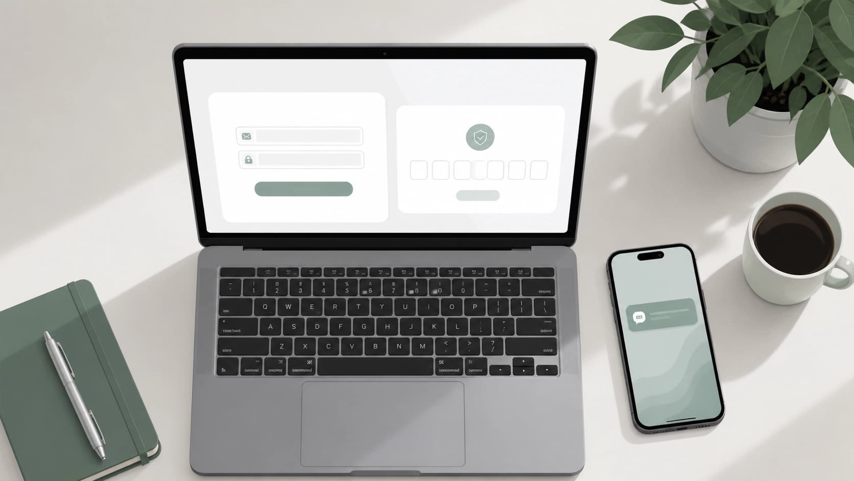Компьютер с открытой формой регистрации на сайте OpenAI: поля для email и пароля, этап ввода кода подтверждения, рядом смартфон с уведомлением, вид сверху, стиль плоской иллюстрации